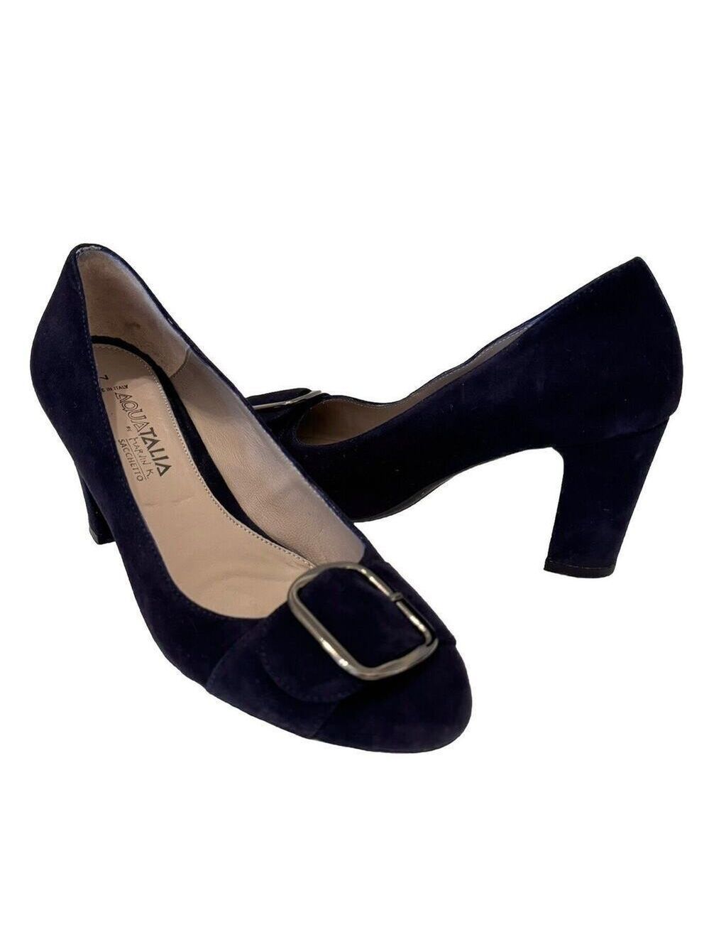 Aquatalia Sacchetto Blue Suede Pumps Size 7M Silver Buckle/Toe 3" Heel EUC